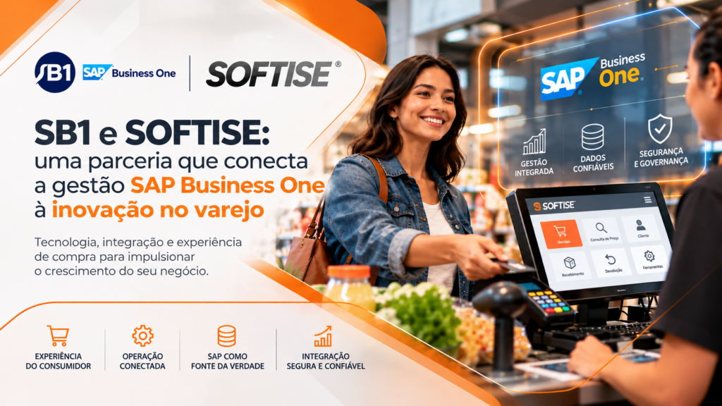 Arte da parceria entre SB1 e SOFTISE para conectar o SAP Business One a tecnologias de varejo.